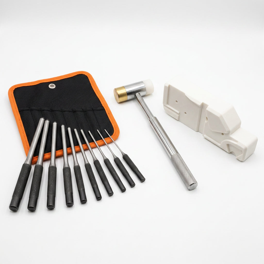 CT3D Gunsmith Bench Bundle: 9pc roll pin punch set, brass and nylon bench hammer, and ACE FCU bench block