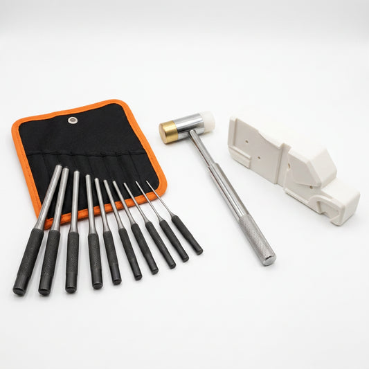 CT3D Gunsmith Bench Bundle: 9pc roll pin punch set, brass and nylon bench hammer, and ACE FCU bench block